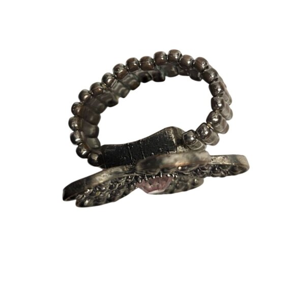 Silver-Tone Flower Stretch Ring Pink Rhinestone Center fairycore boho - Picture 2 of 4